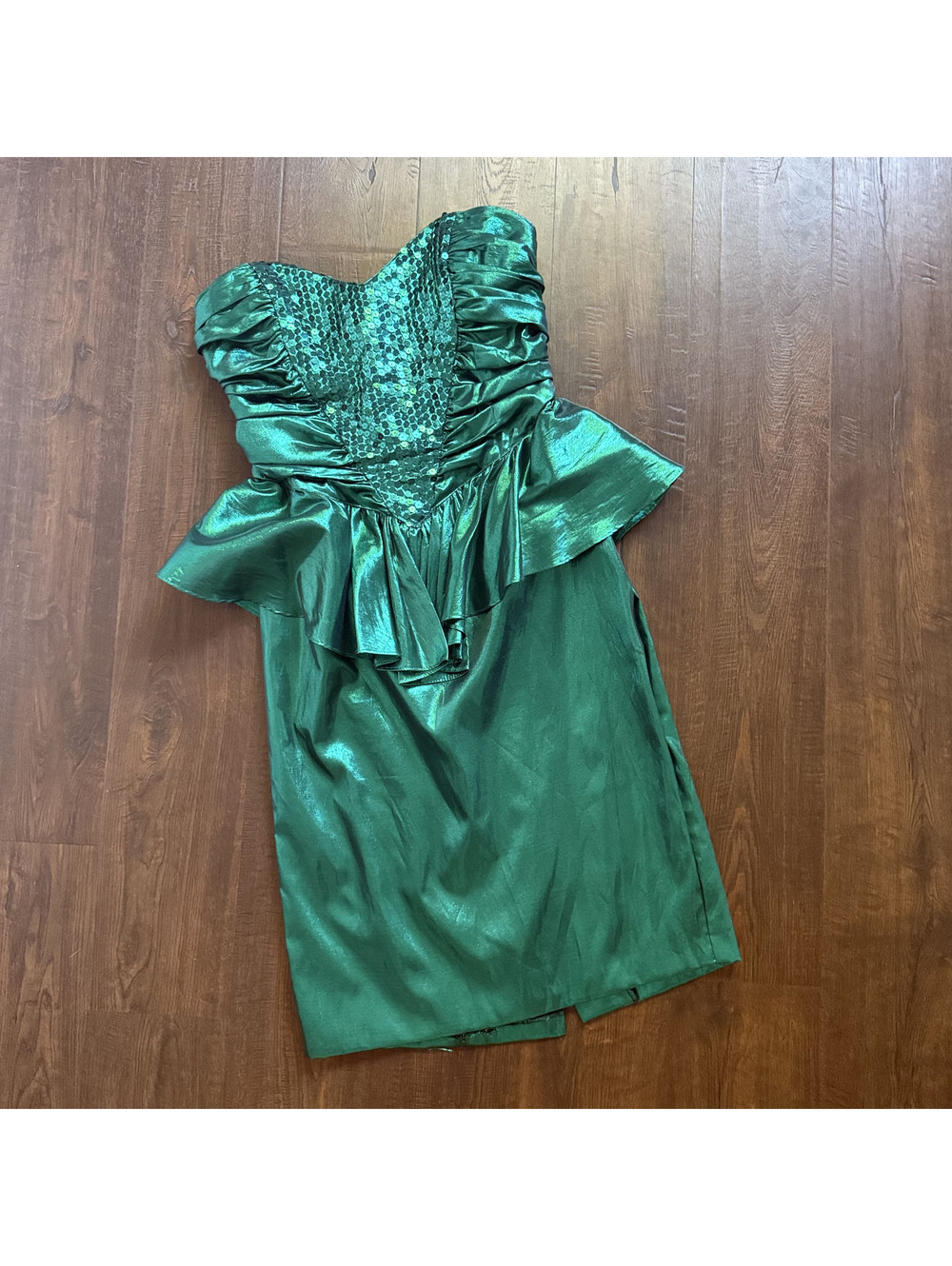 Vintage 80s Miami Emerald Green Sequin Peplum Party Prom Dress 11/12 L.A. Glo